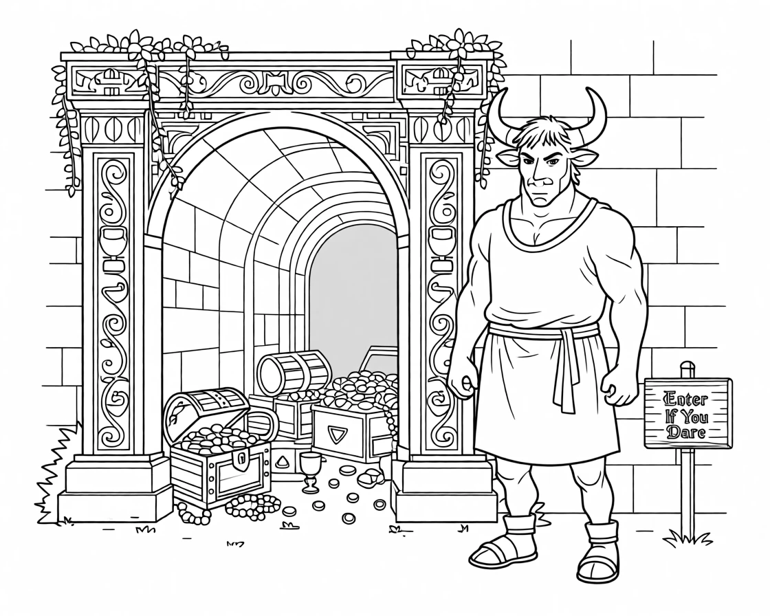 A minotaur standing at the entrance of a labyrinth, with a treasure hoard glinting in the shadows.