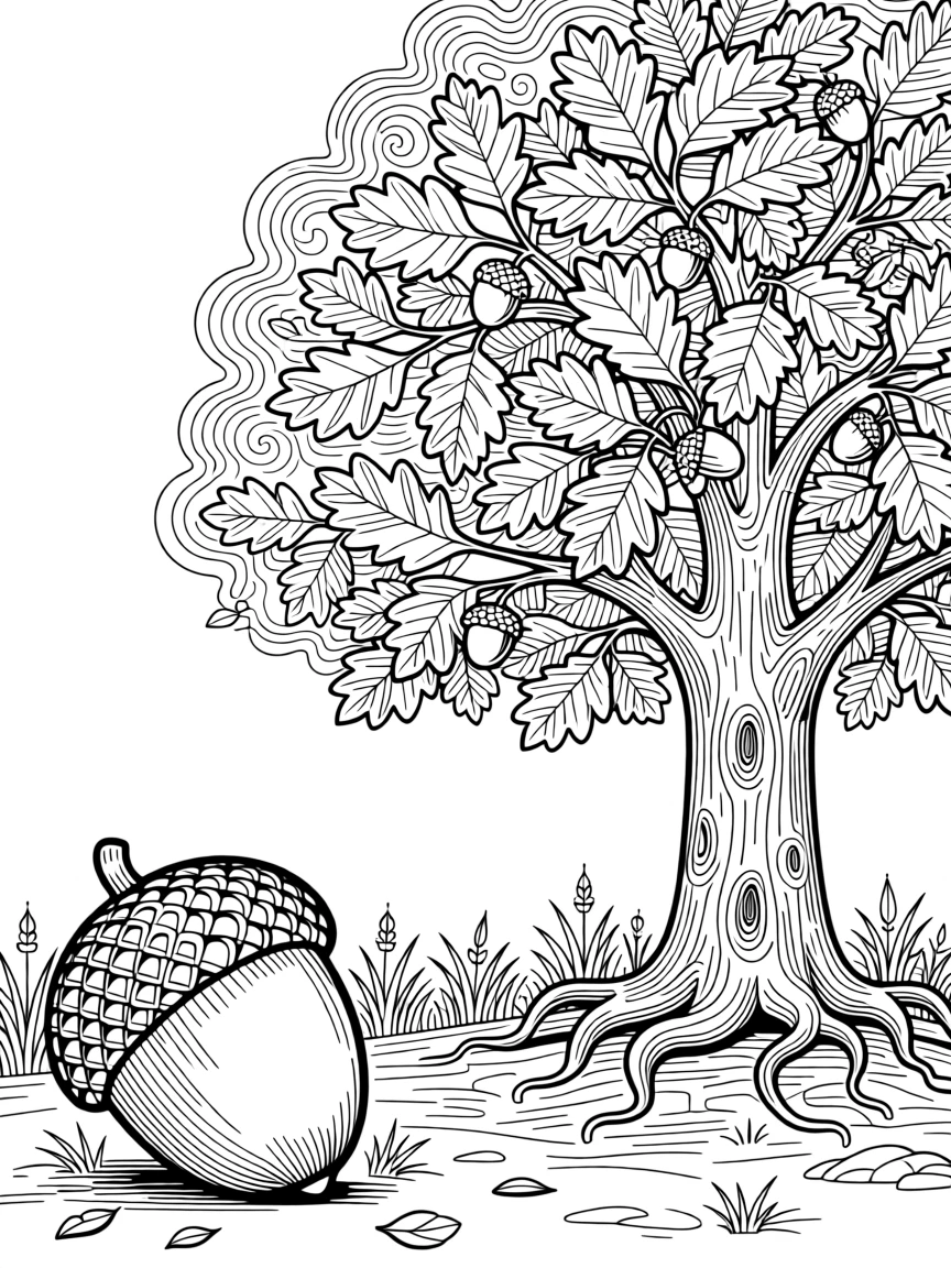 A single acorn beside a fully grown oak tree in the same frame.