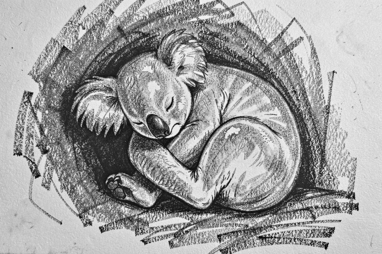 A koala curled up asleep in a cozy den.