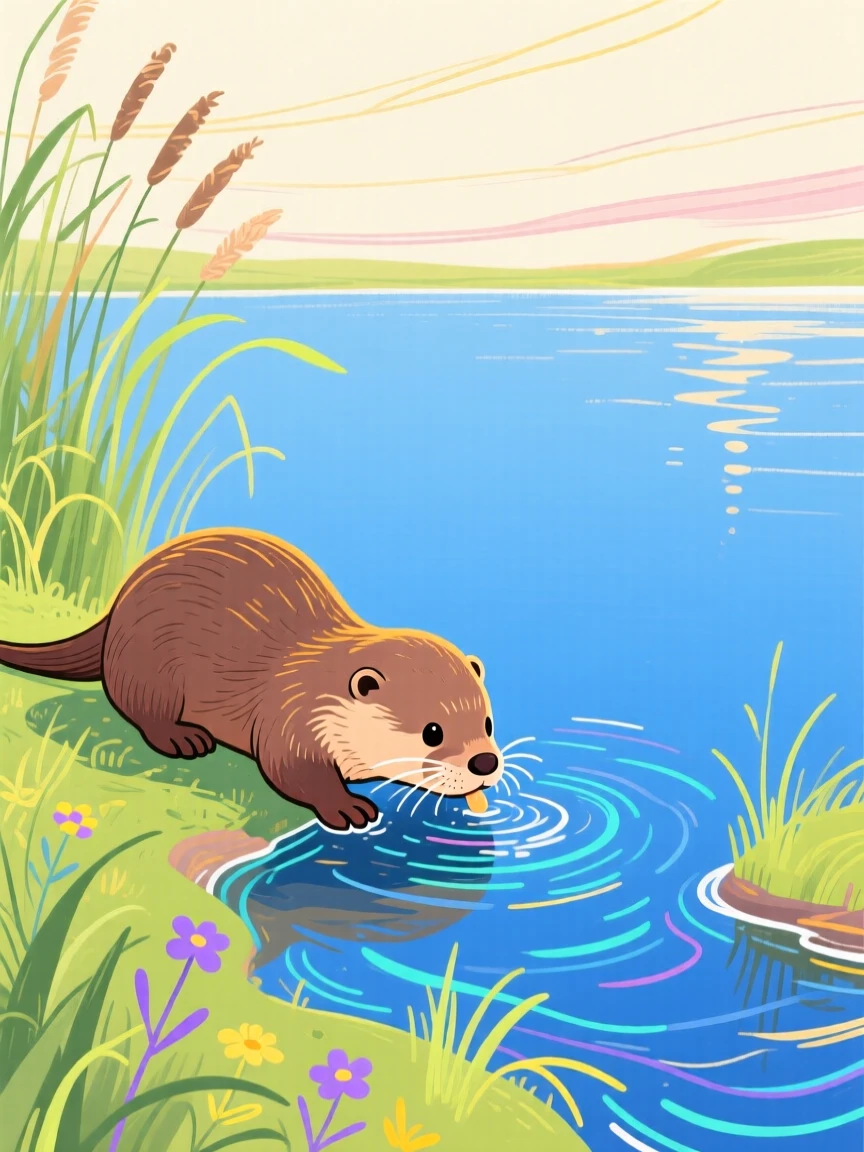 A baby otter drinking from a stream beside a still lake on a quiet summer afternoon.