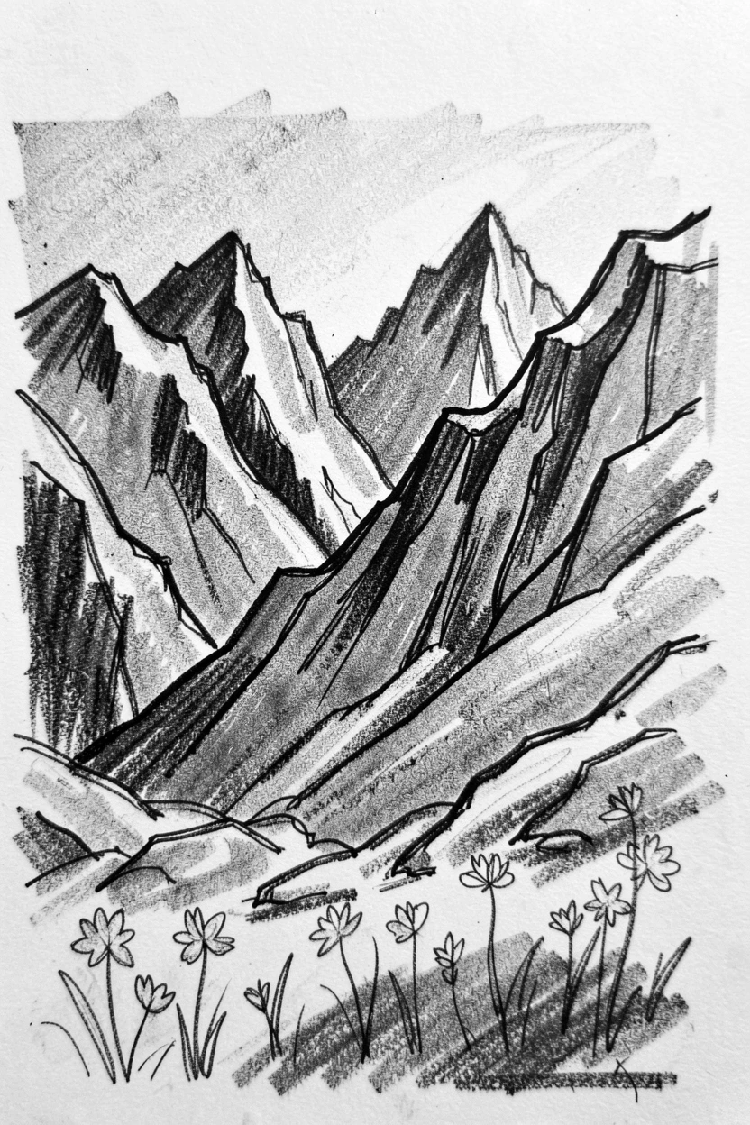 A dramatic mountain range with wildflowers scattered across the foreground.