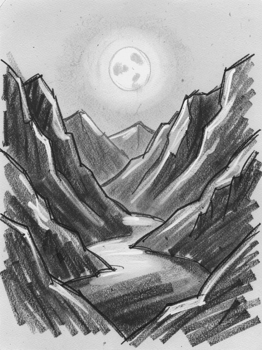 A hidden mountain valley under the soft glow of the moon.