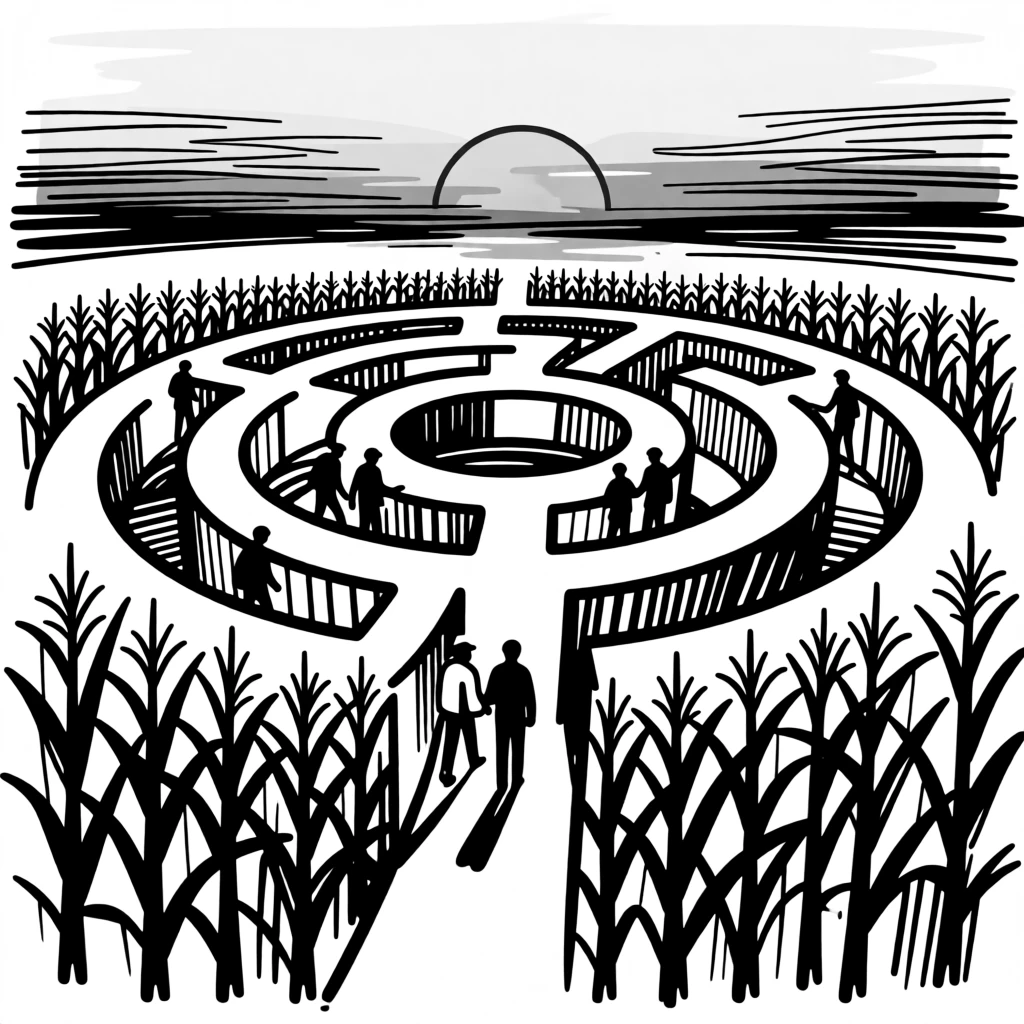 An autumn corn maze scene with visitors navigating under a golden sunset.