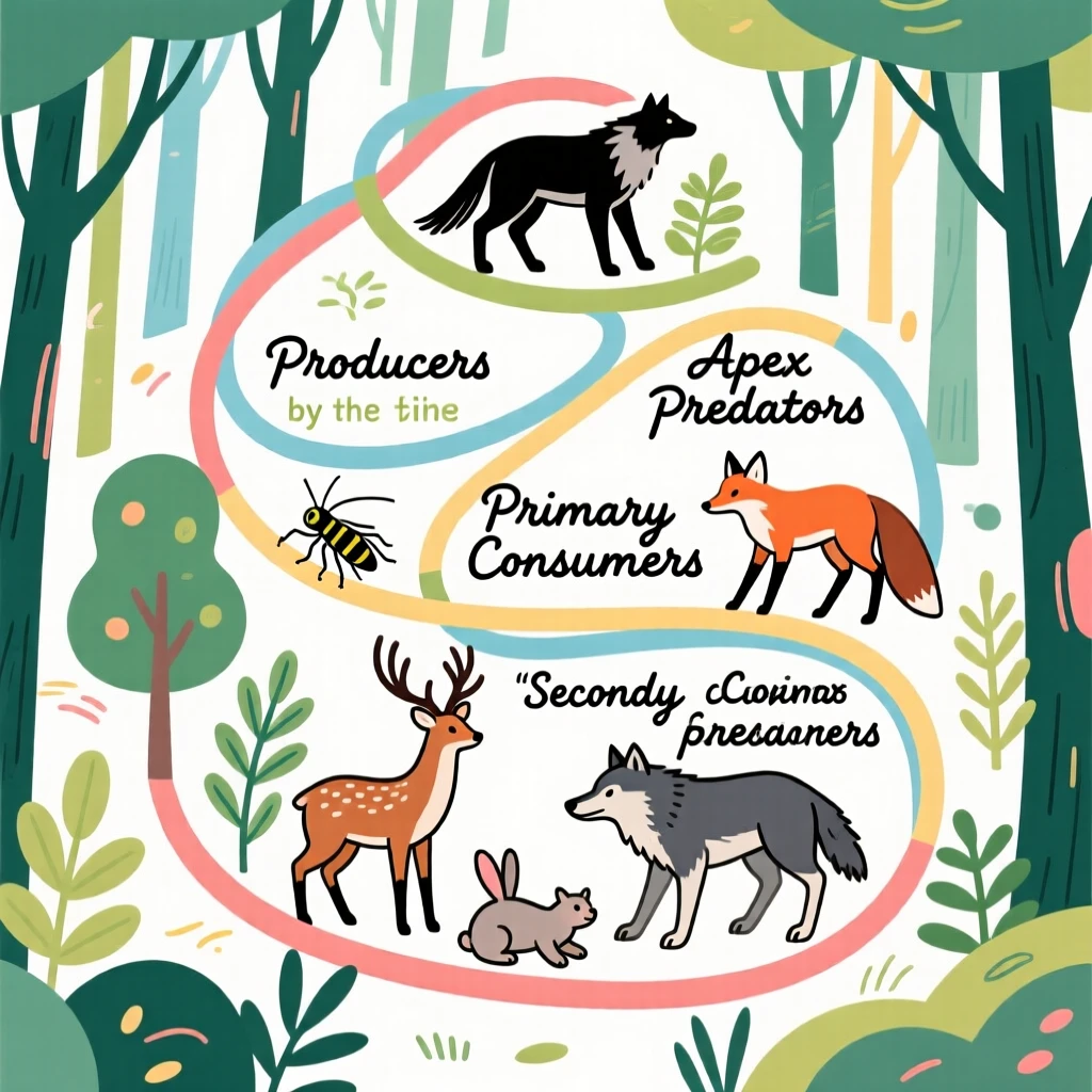 A colorful illustration of the food chain in a forest ecosystem.