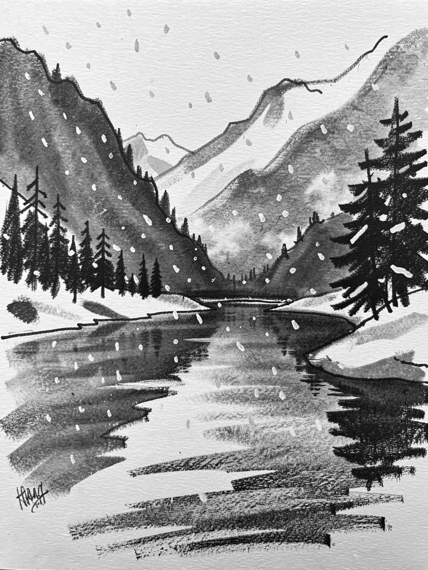 A tranquil alpine lake as a light snow begins to fall.