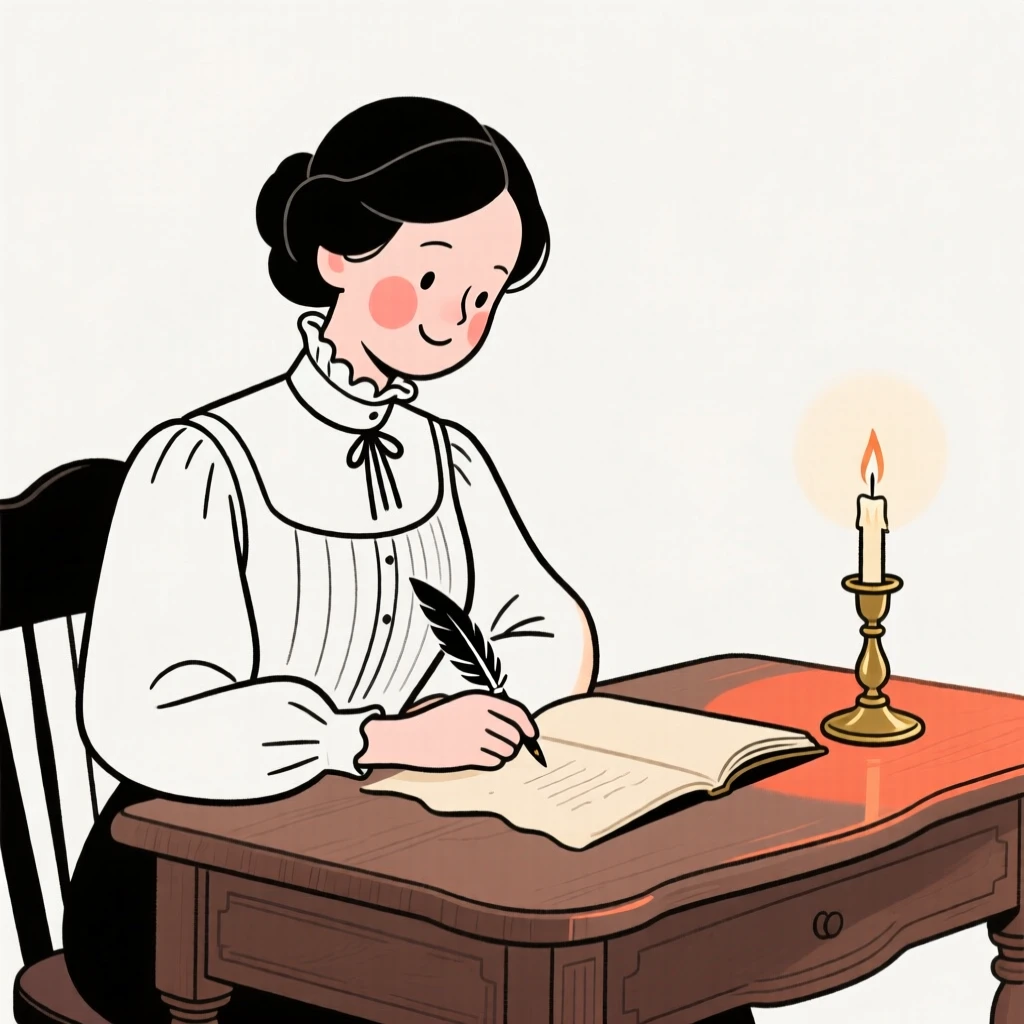 A victorian-era author writing by candlelight, beaming with pride.