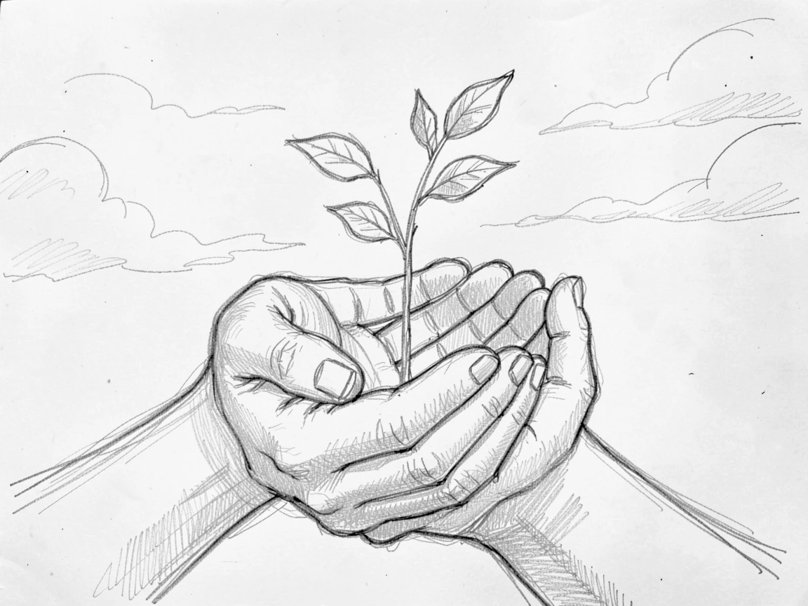 Hands cupped together holding a small sapling, beneath a vast open sky, offering a feeling of quiet gratitude.