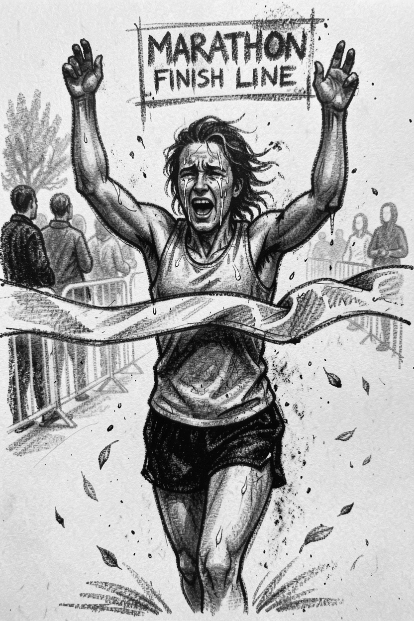 A runner crossing the finish line of their first marathon in tears, with a light breeze stirring the surroundings.