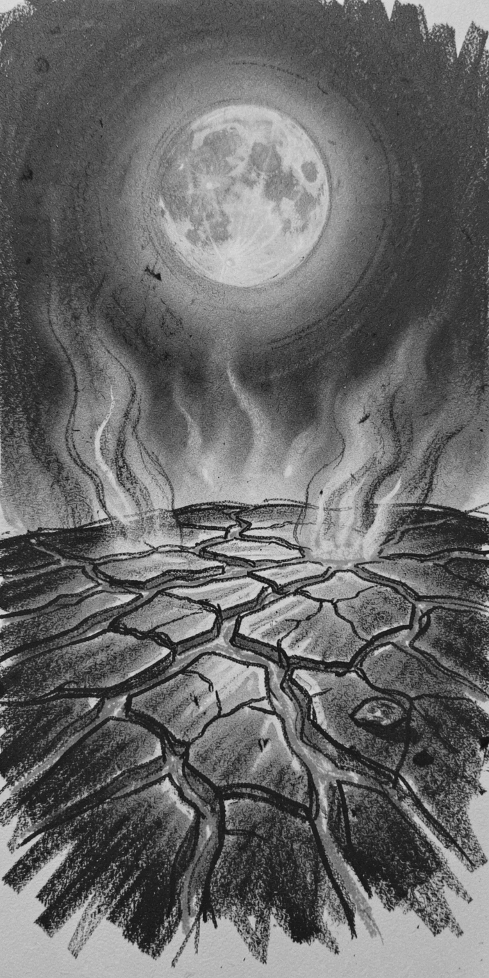 A glowing lava field under the soft glow of the moon.