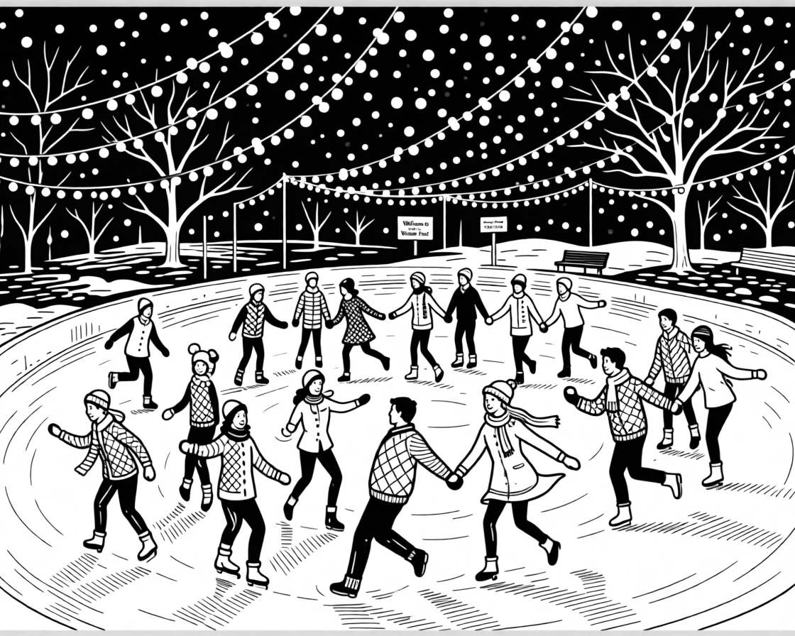A festive winter ice skating gathering beneath twinkling park lights.