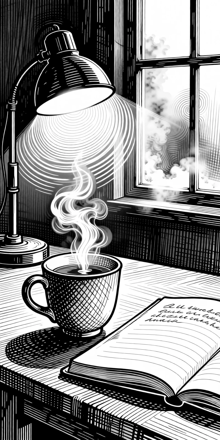 A steaming cup of tea beside an open journal beneath the glow of a single warm lamp, with a window fogged slightly at the edges, evoking a simply content sense of calm.