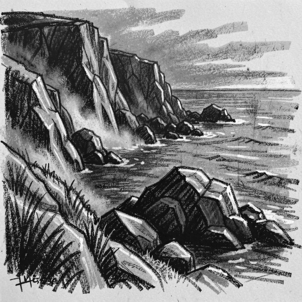 A rugged coastline as morning dew glistens on every surface.
