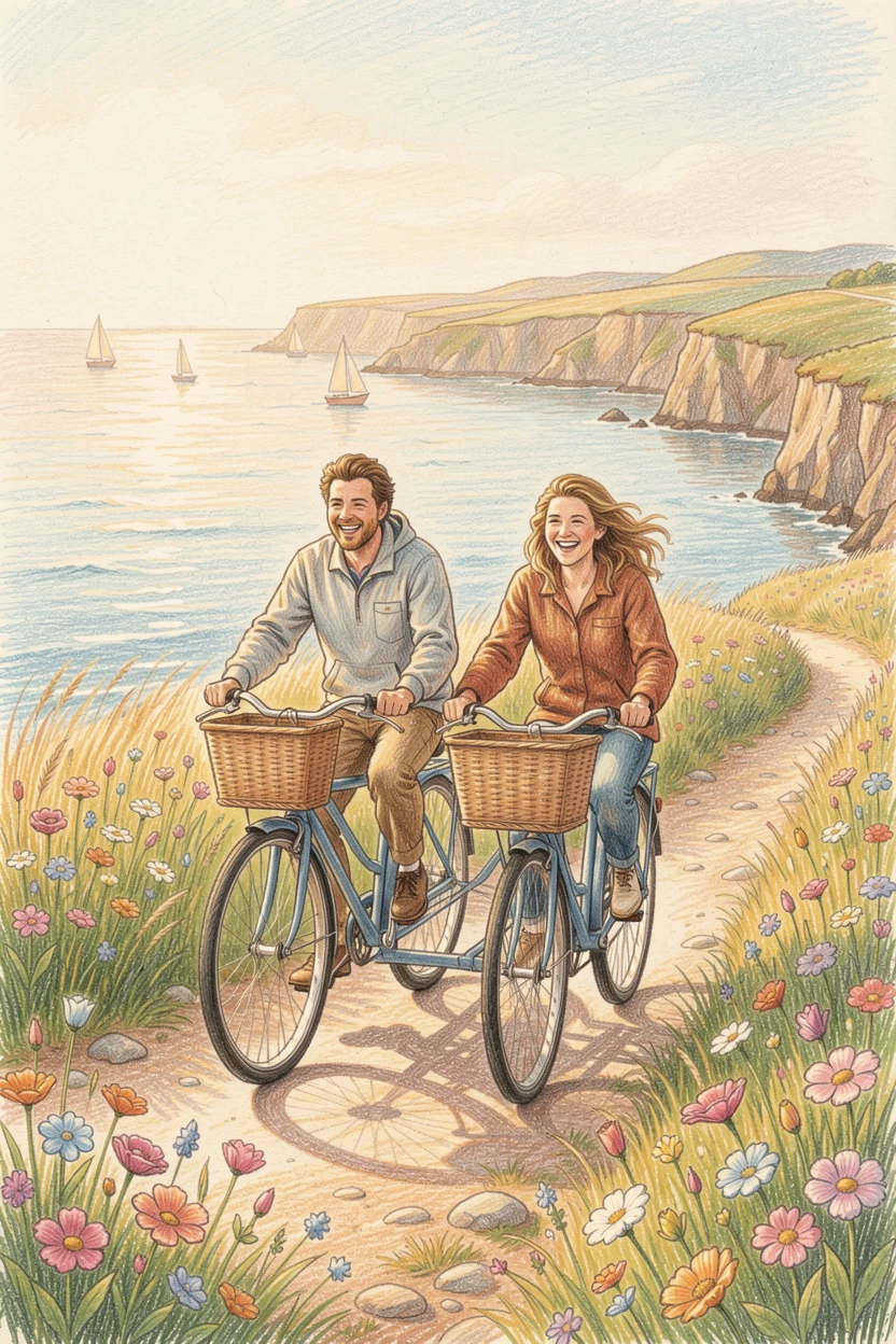 A tandem bicycle ride along a flower-lined coastal path, bathed in the warm glow of golden-hour light, full of charm, emotion, and visual delight.