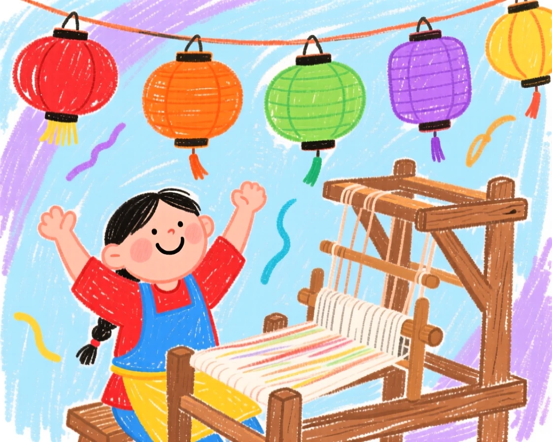 A textile weaver celebrating beneath strings of colorful lanterns.