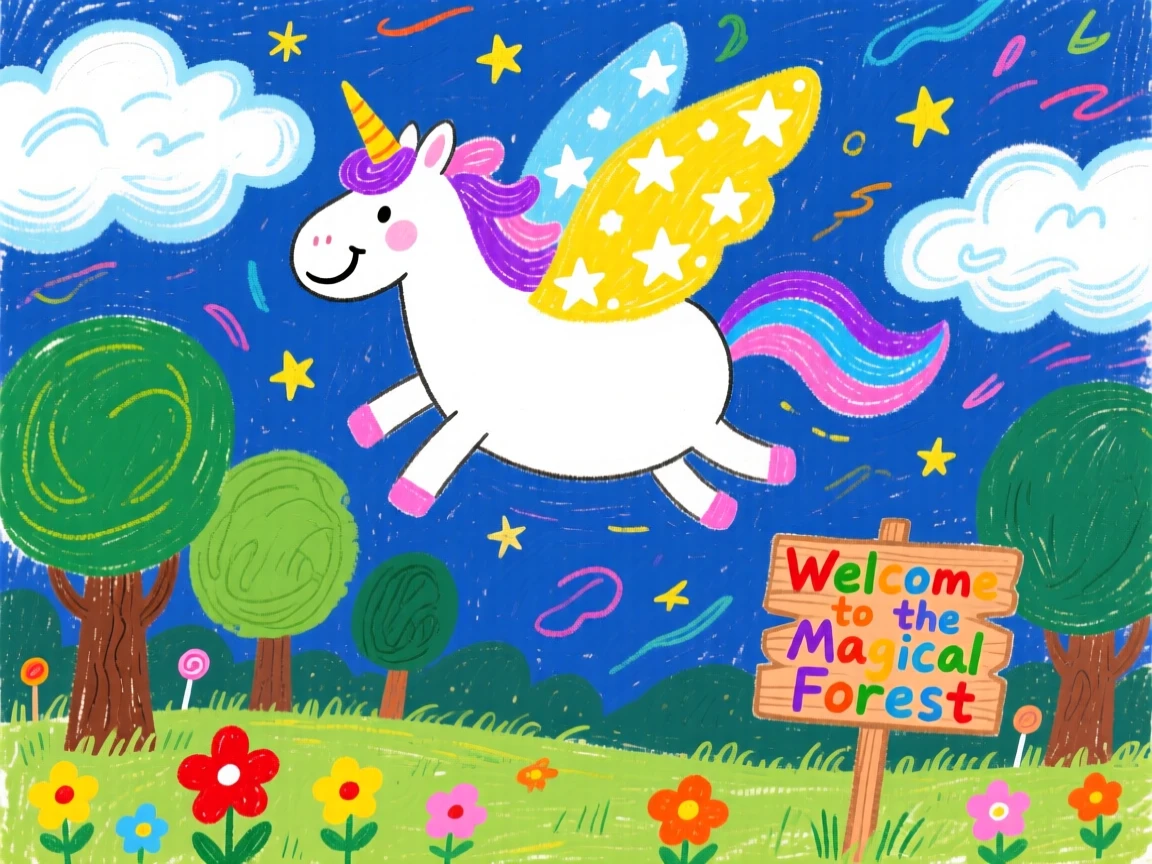 A starlight pegasus soaring through clouds in an enchanted forest clearing.