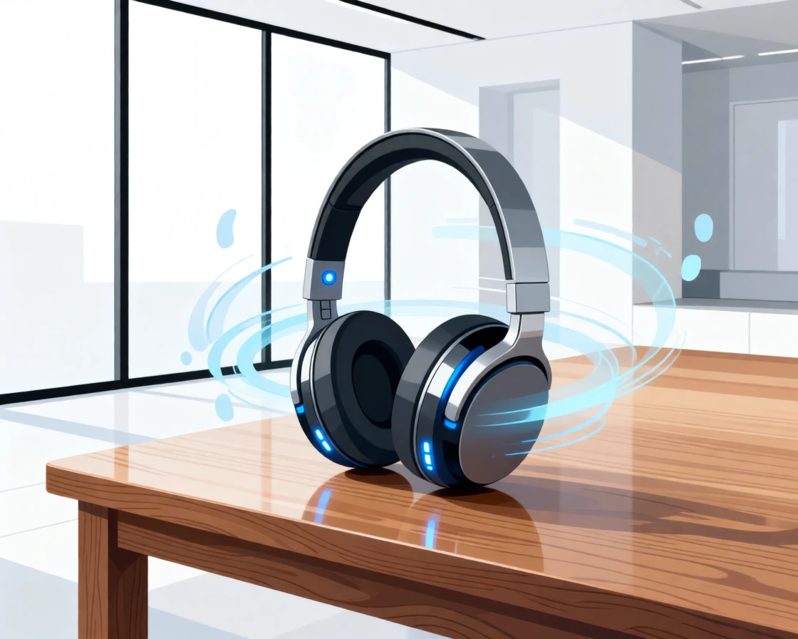 A pair of noise-canceling headphones resting on a wooden desk, surrounded by clean minimalist architecture, composed with layered depth suggesting advanced technology, with a subtle sense of wonder about future possibilities.