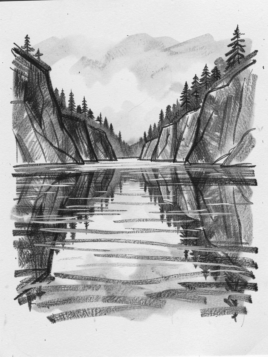 A quiet fjord reflecting perfectly in still water below.