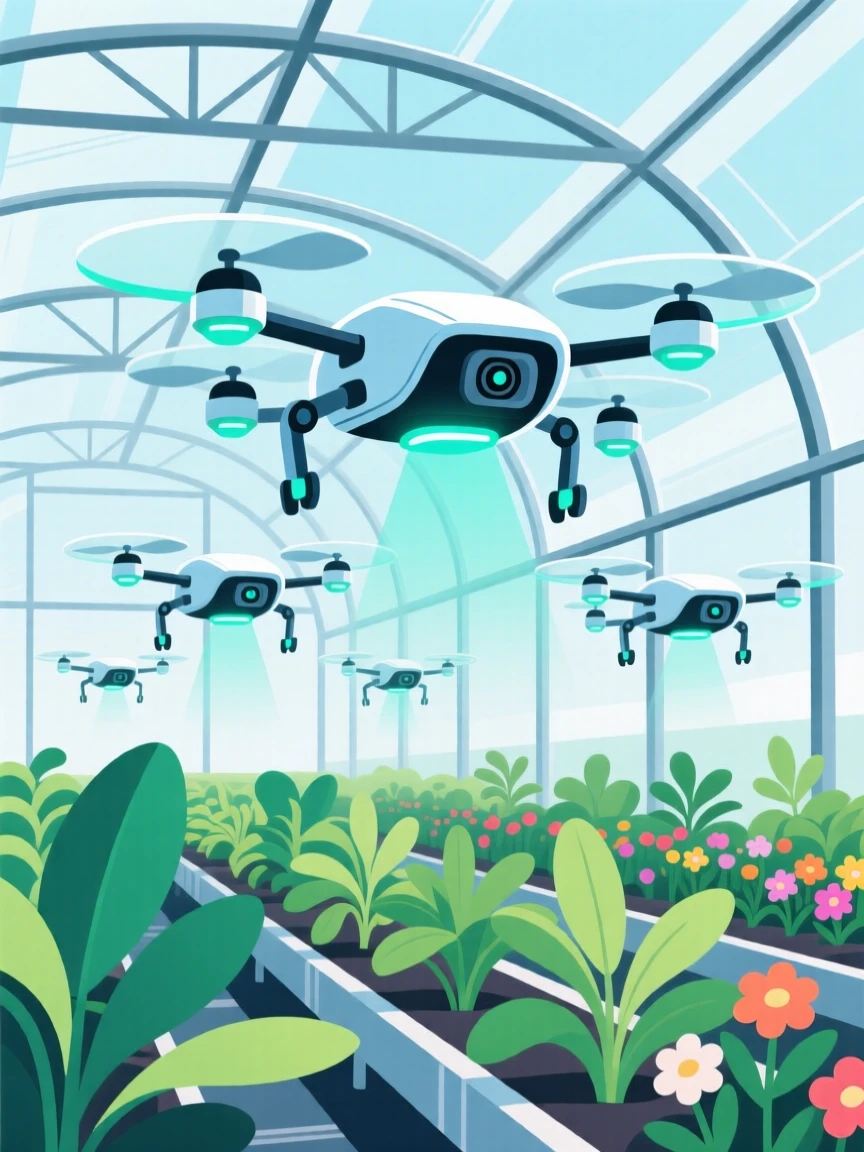 A fleet of drones running diagnostics in a futuristic greenhouse.