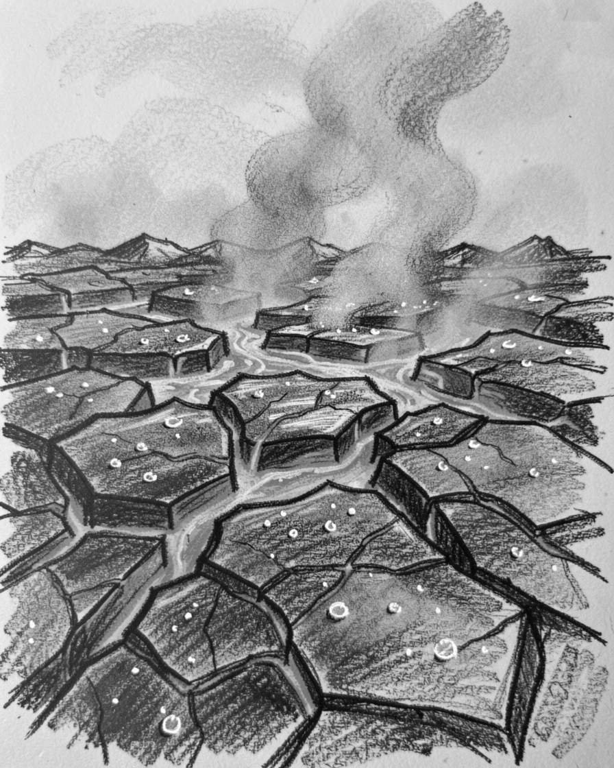 A glowing lava field as morning dew glistens on every surface.