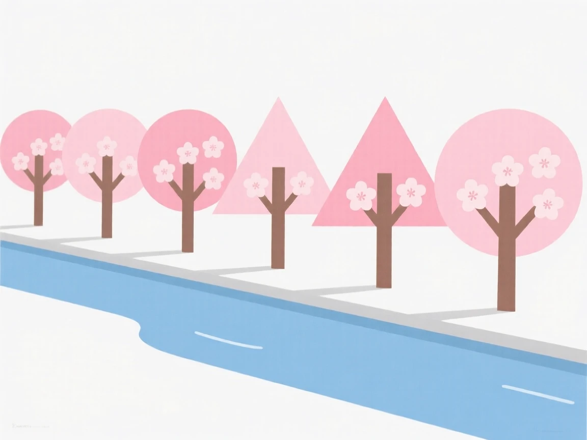 A row of blooming cherry trees along a river