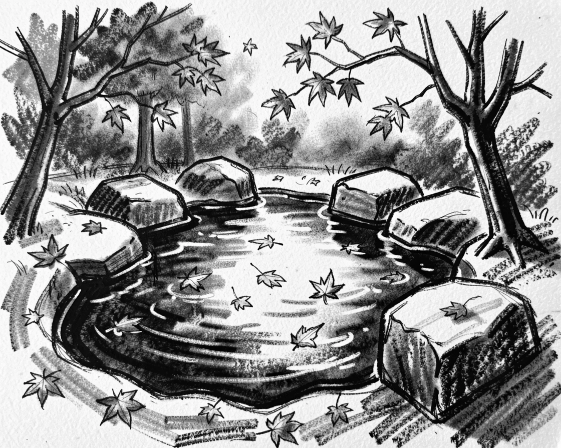 A tranquil Japanese garden pond as autumn leaves drift on a gentle breeze.