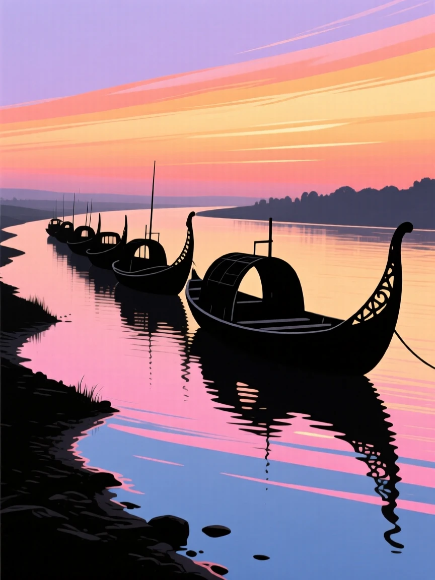 A row of intricately hand-painted boats lined up along a quiet river.
