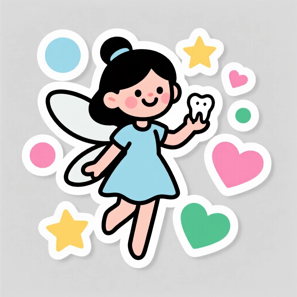 A warm and welcoming happy tooth fairy holding a small tooth, surrounded by simple colorful shapes, designed to make learning fun.