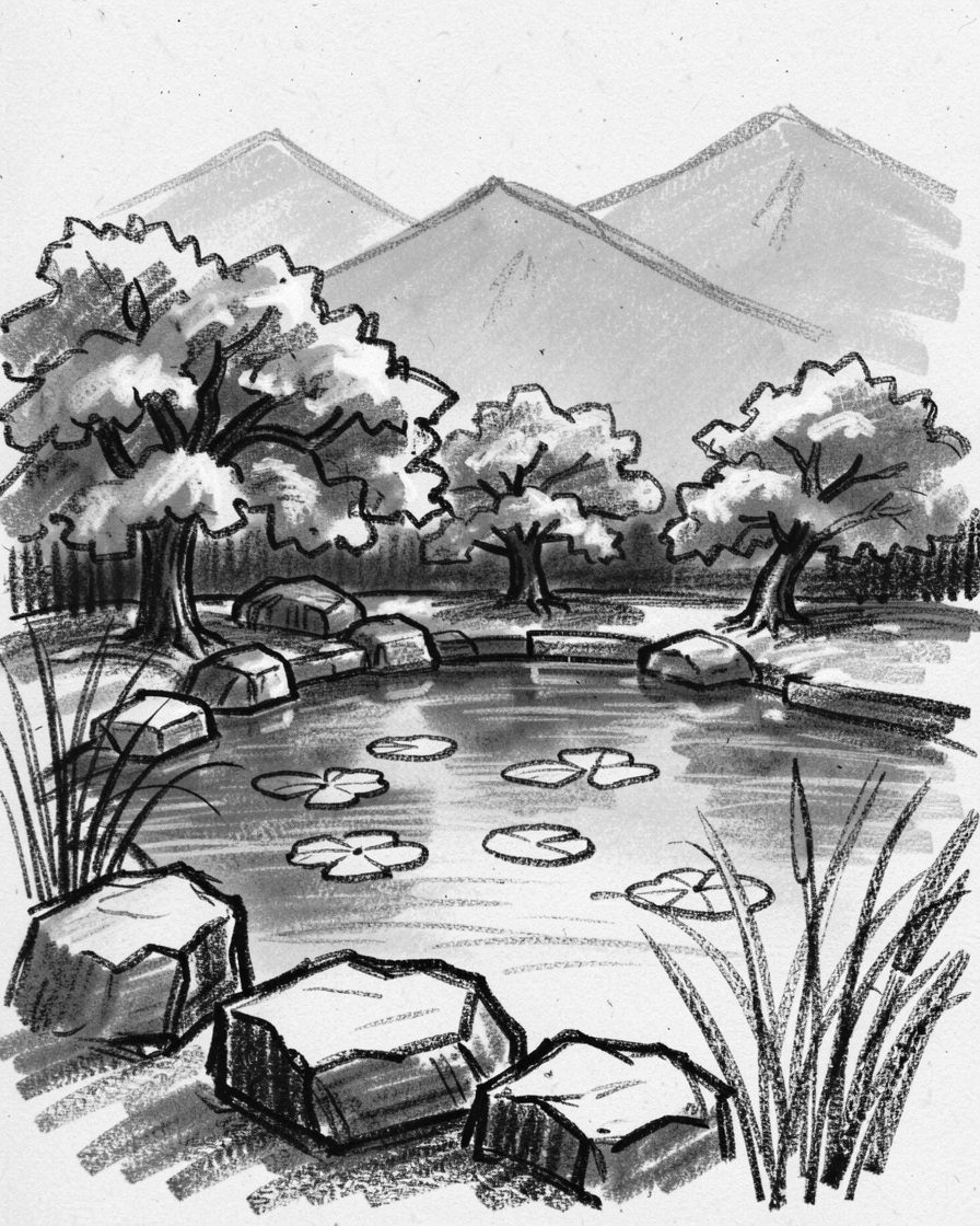 A tranquil Japanese garden pond with distant mountains fading into blue haze.