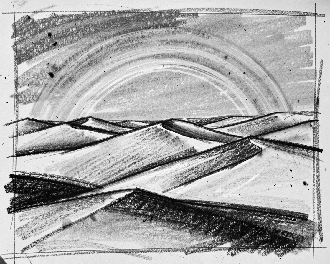 A vast desert dune field with a rainbow stretching across the valley.