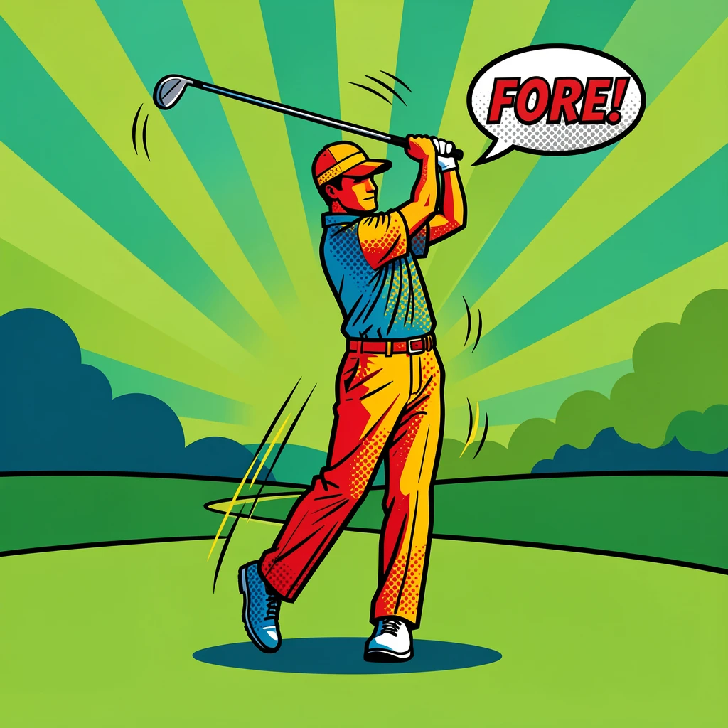 A golfer mid-swing on a lush fairway