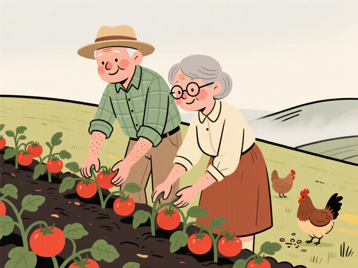A elderly couple tends rows of ripening tomatoes on a hillside field as chickens wander nearby and the morning mist begins to lift.