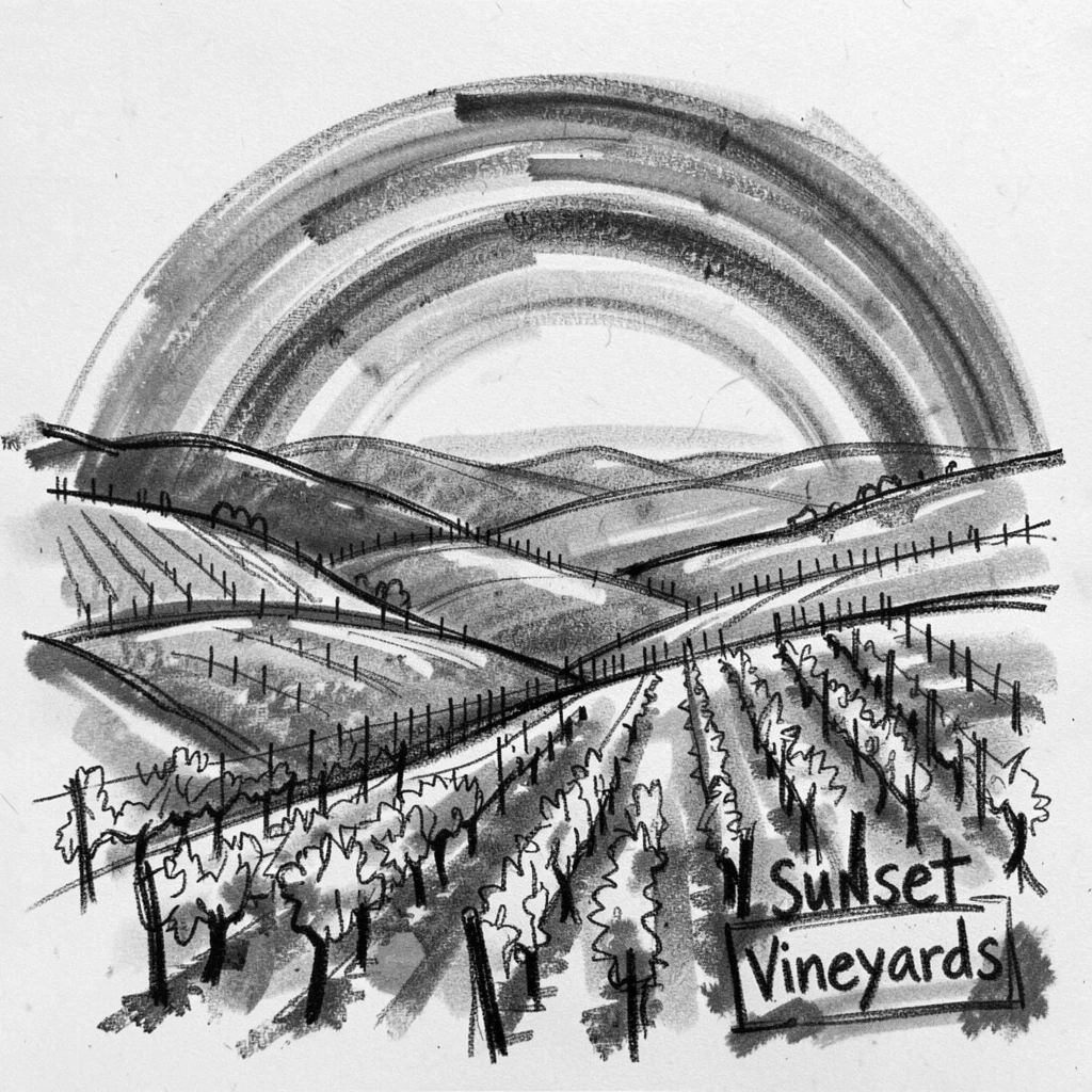 A rolling vineyard hillside with a rainbow stretching across the valley.