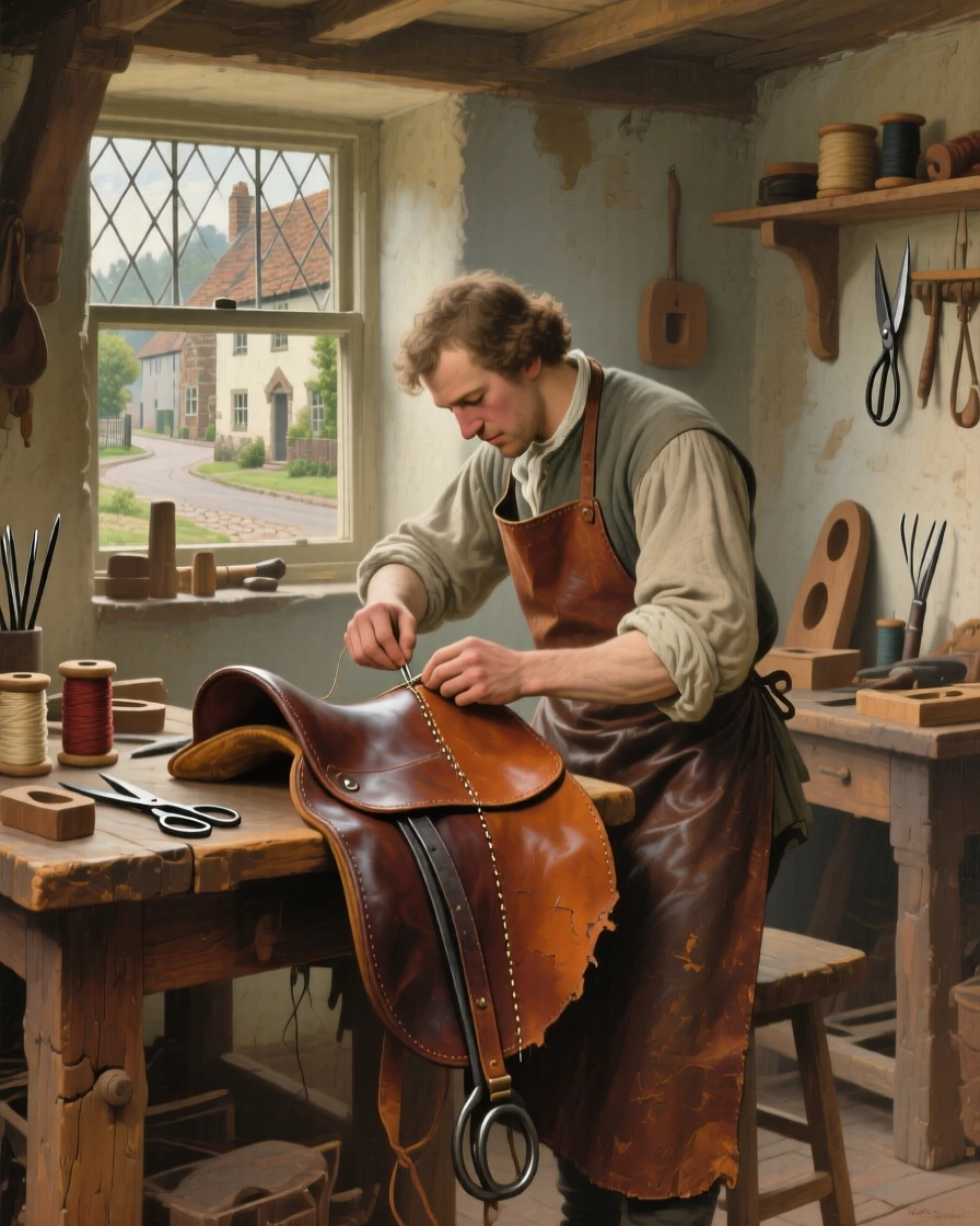 A balanced composition of a leatherworker stitching a saddle by hand, in a small English village, in the 18th century.