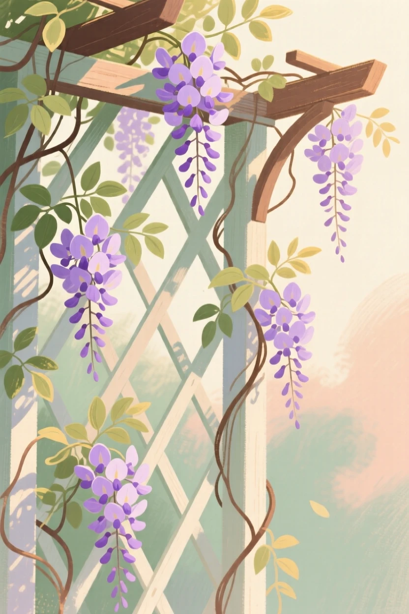 A trellis overgrown with climbing purple wisteria