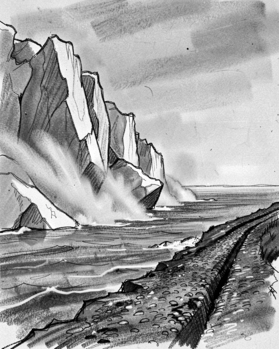 A glacier calving into the sea with a lone winding path leading into the distance.