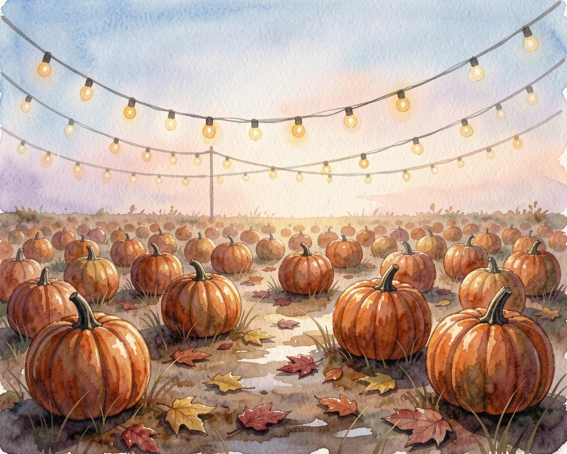 A pumpkin patch under a crisp autumn sky under strings of warm fairy lights.