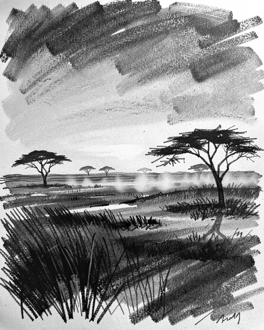 A sprawling savanna at sunset with mist rising gently at first light.