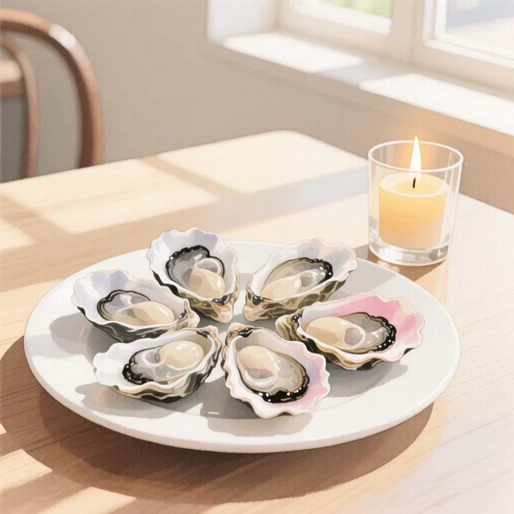 A plate of fresh oysters sits with a candle flickering softly nearby in a sunlit café, arranged beautifully for a delightful meal