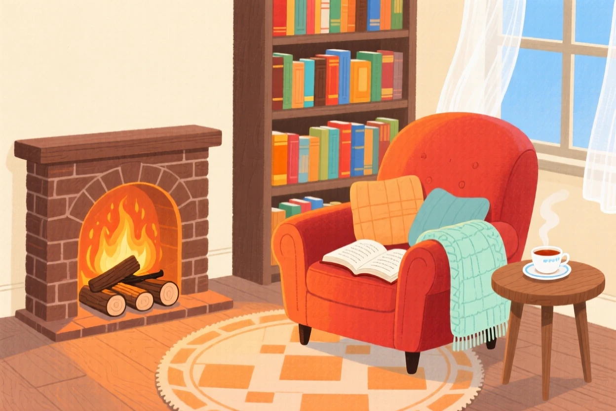 A cozy reading nook by a crackling fireplace, warm and inviting on a quiet afternoon.