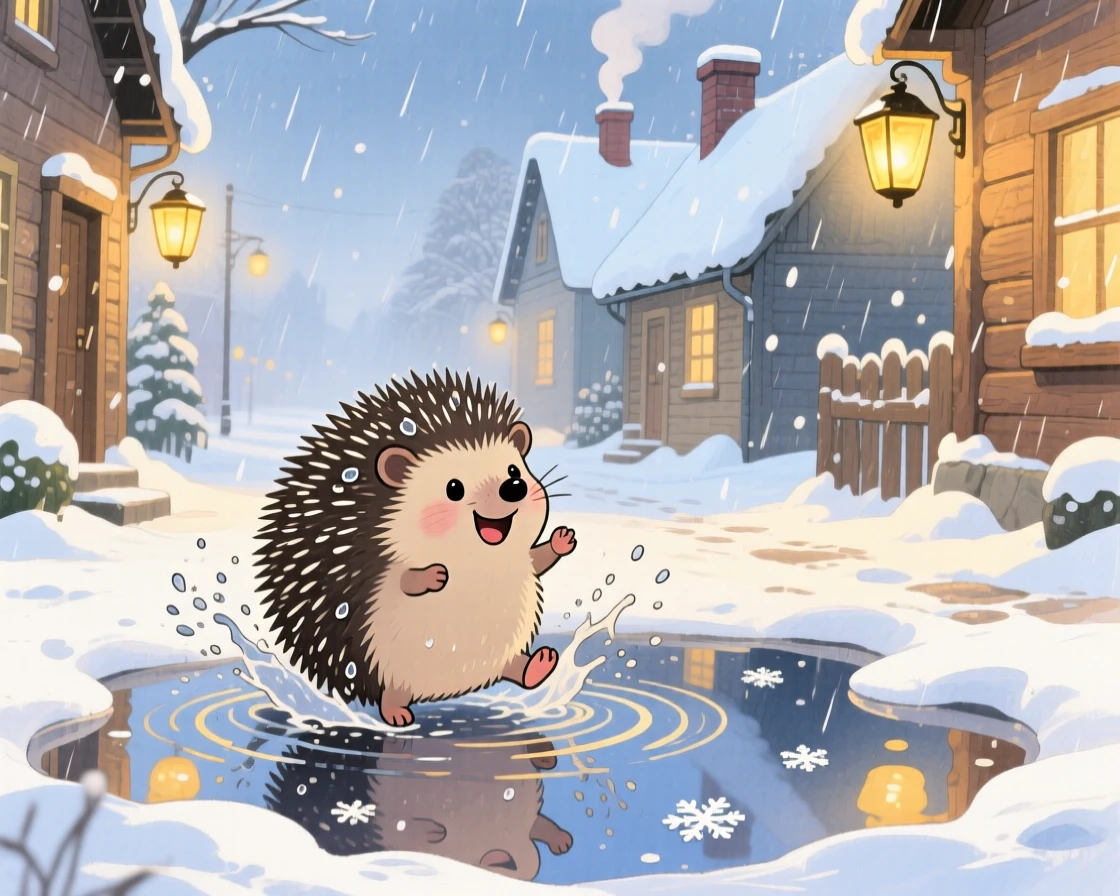 A tiny hedgehog splashing happily in a puddle after rain, set in a snowy village street lined with warm lantern light, radiating pure innocent joy.