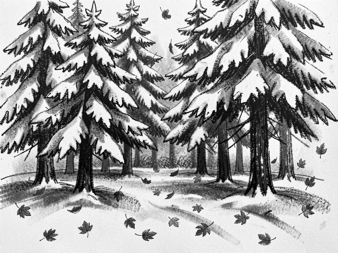 A pine forest blanketed in fresh snow as autumn leaves drift on a gentle breeze.