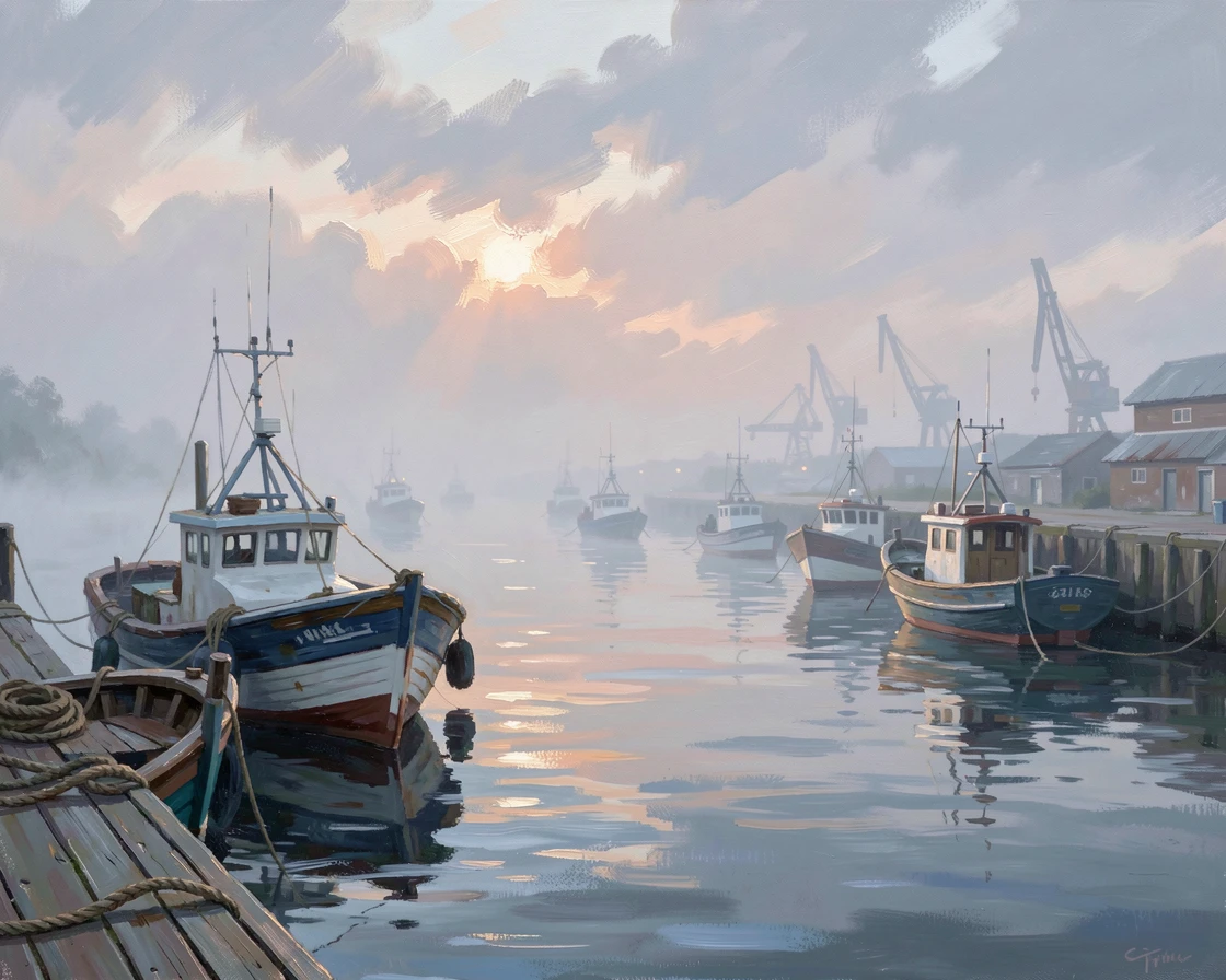 In the hush just after a storm has passed, thick fog rolling through a quiet harbor at dawn, above a calm harbor filled with fishing boats, light and shadow racing quickly across the landscape.