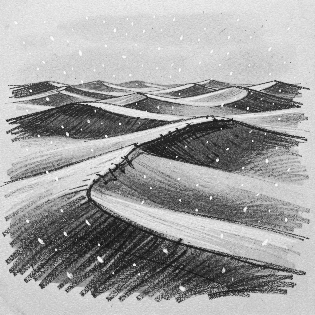 A vast desert dune field as a light snow begins to fall.