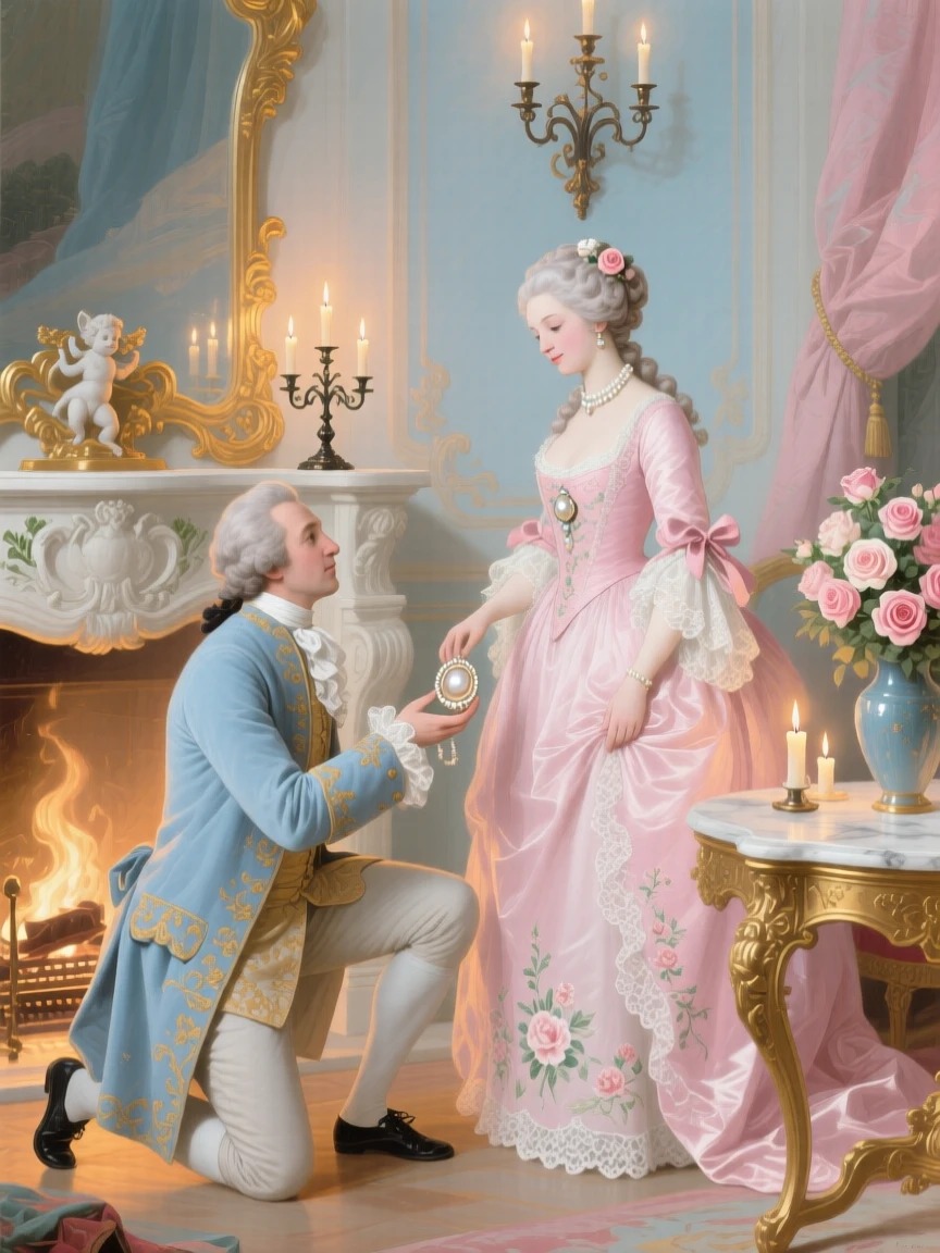 A gentleman offering a lady a pearl locket beside a candlelit fireplace  