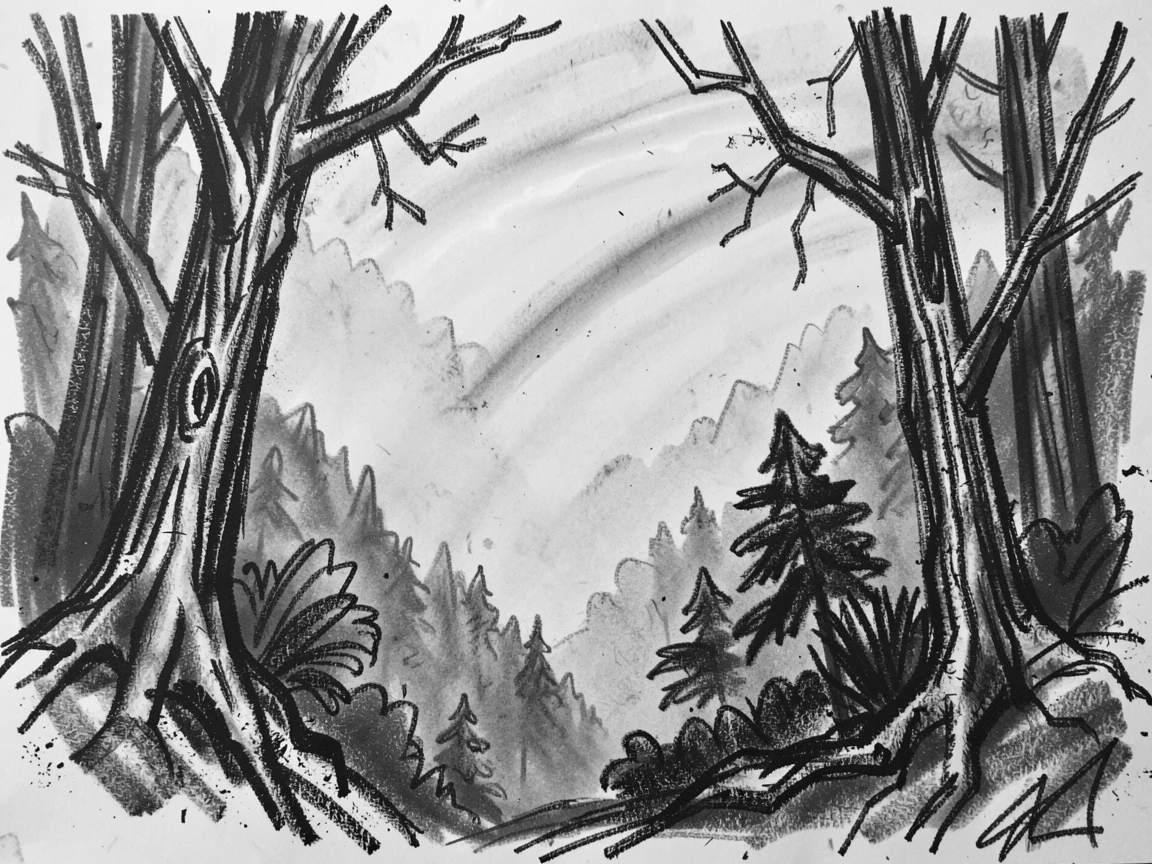 A dense misty forest with a rainbow stretching across the valley.