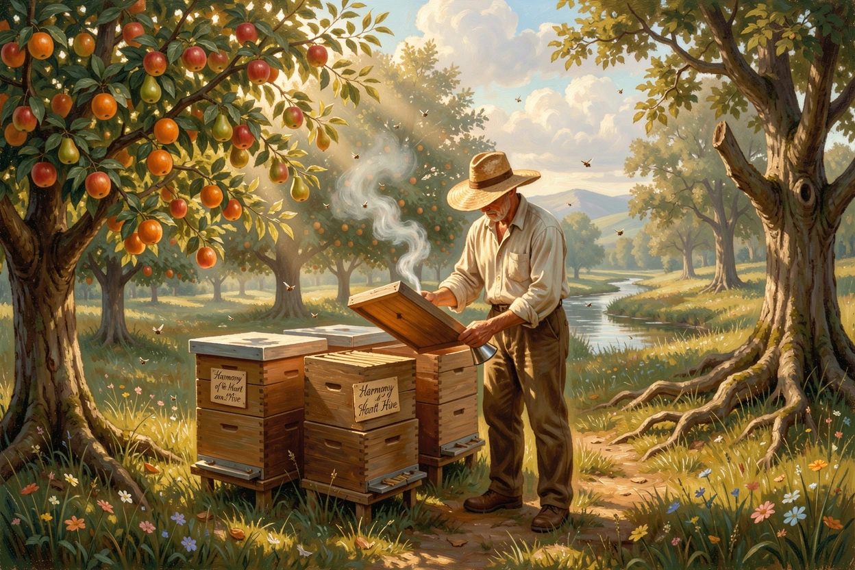 A beekeeper tends hives in a sunlit orchard heavy with fruit.