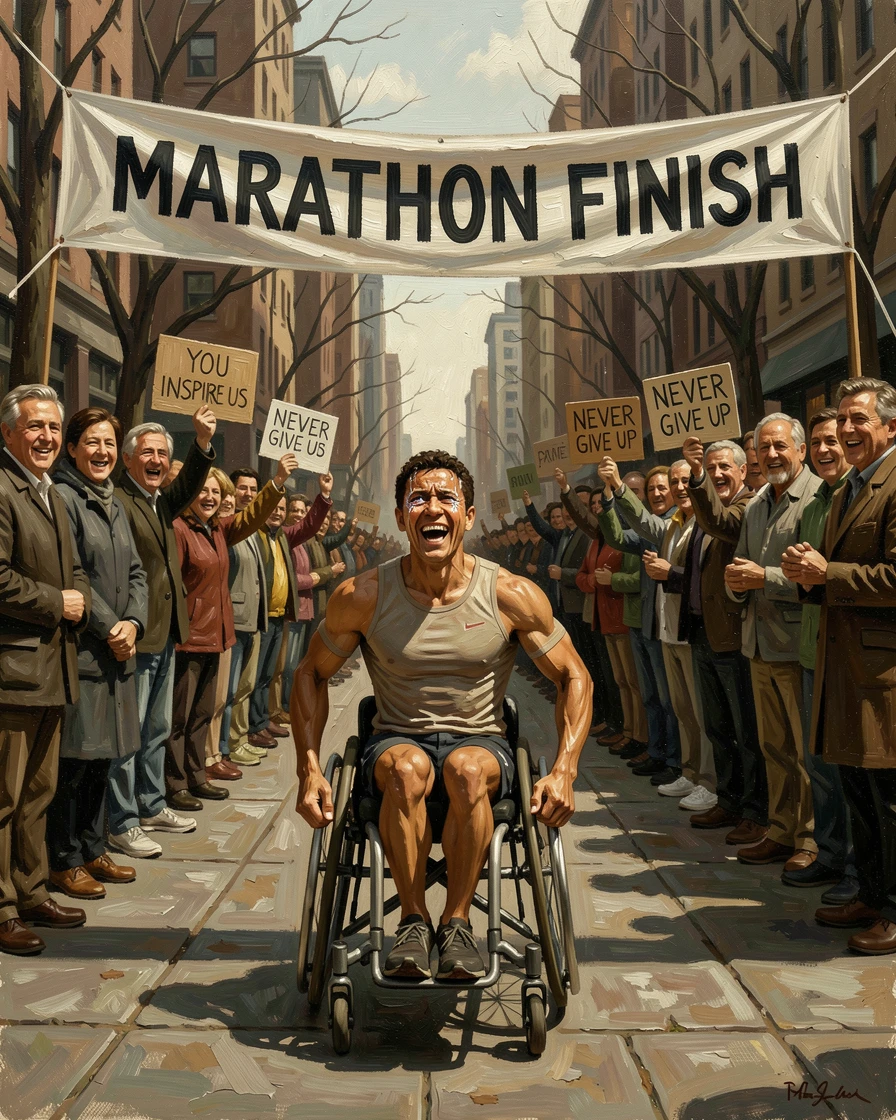 A wheelchair athlete crossing a marathon finish line to a cheering crowd, with tears, laughter, or relief visible in vivid detail, radiating hope, gratitude, and heartfelt connection