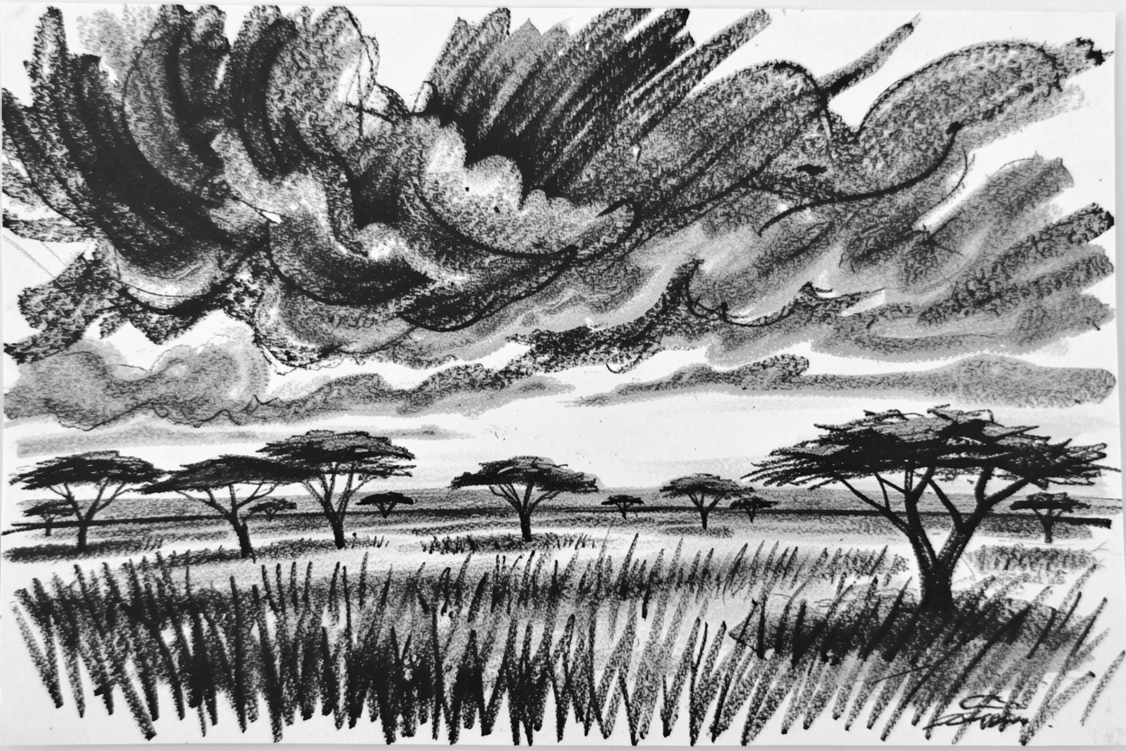A sprawling savanna at sunset with dramatic storm clouds gathering on the horizon.