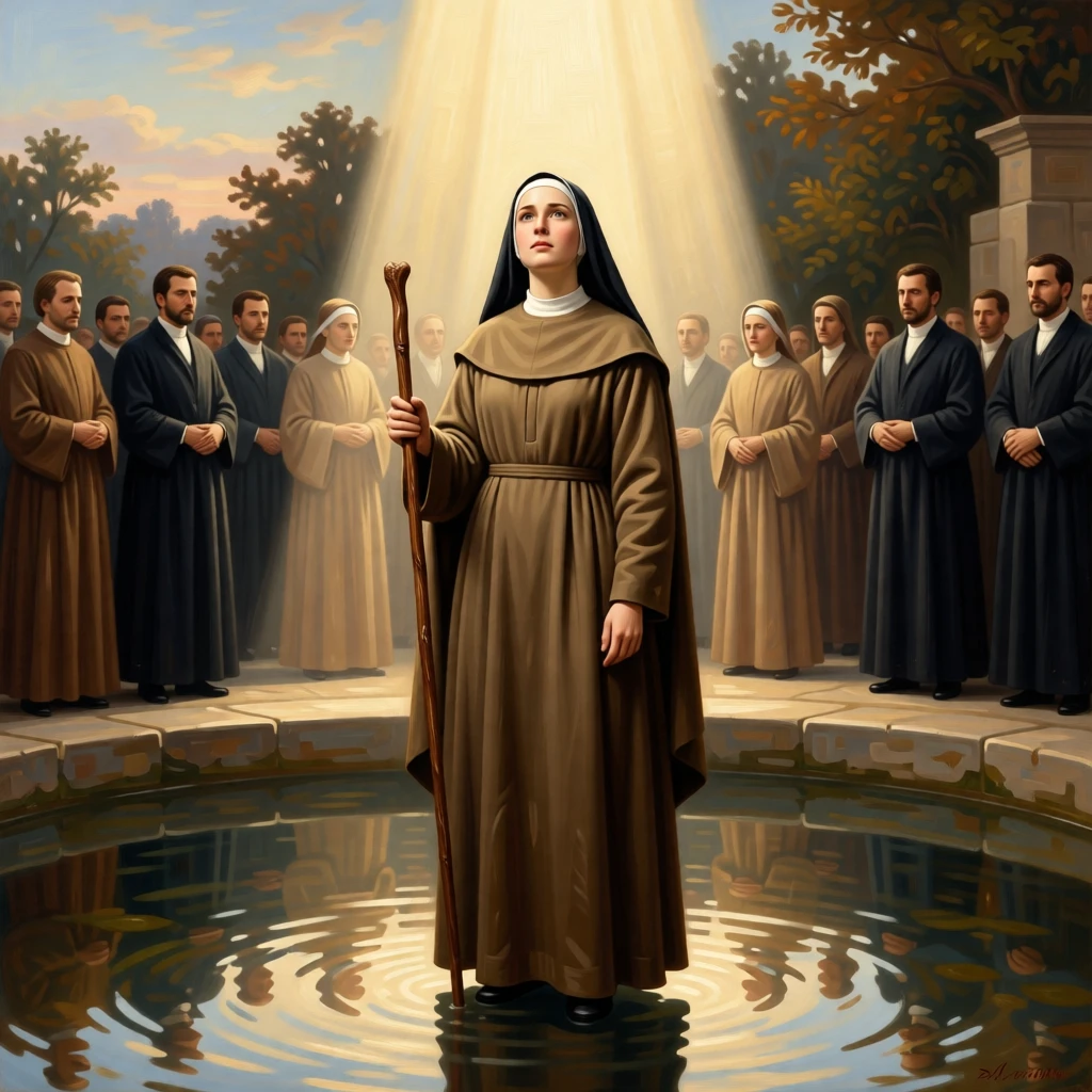 A young novice taking her first vows before a solemn assembly at the quiet culmination of a long inner journey, set beside a sacred spring reflecting the morning sky, with modest robes, a well-worn staff, and a face lined with quiet devotion; vertical light from above draws the eye toward transcendence, suggesting the enduring comfort of belief and community.