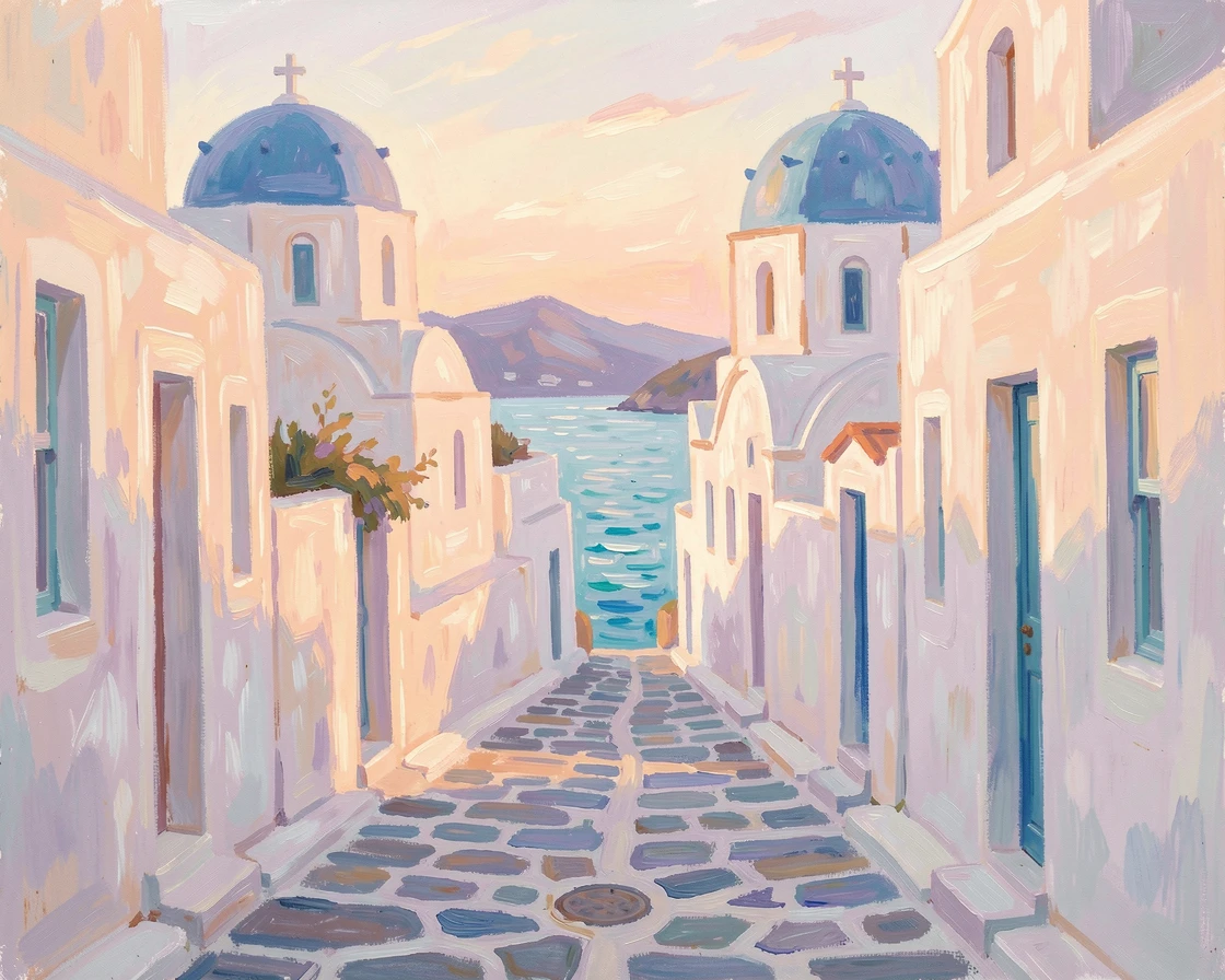 A narrow street in Santorini lined with whitewashed buildings and blue-domed churches overlooking the Aegean Sea, as the first light of dawn breaks.